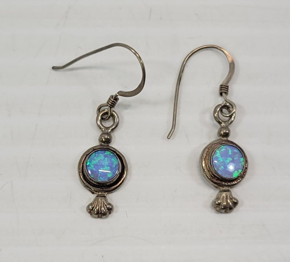 *B3) Vintage 5Star Sterling Silver Blue Green Opal Dangle Drop Earrings